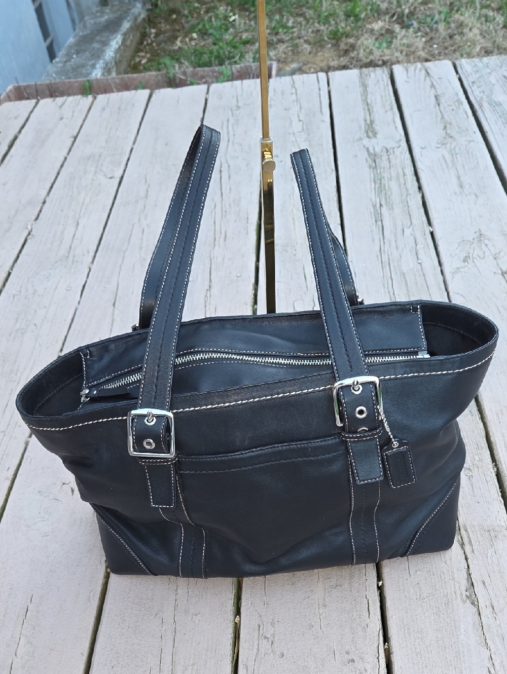 Coach F12609 2008 Black Leather Tote Bag with Contrast Stitching